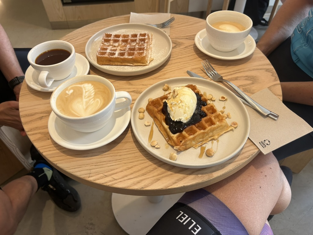 Coffee and waffles during Alex's Germany ride